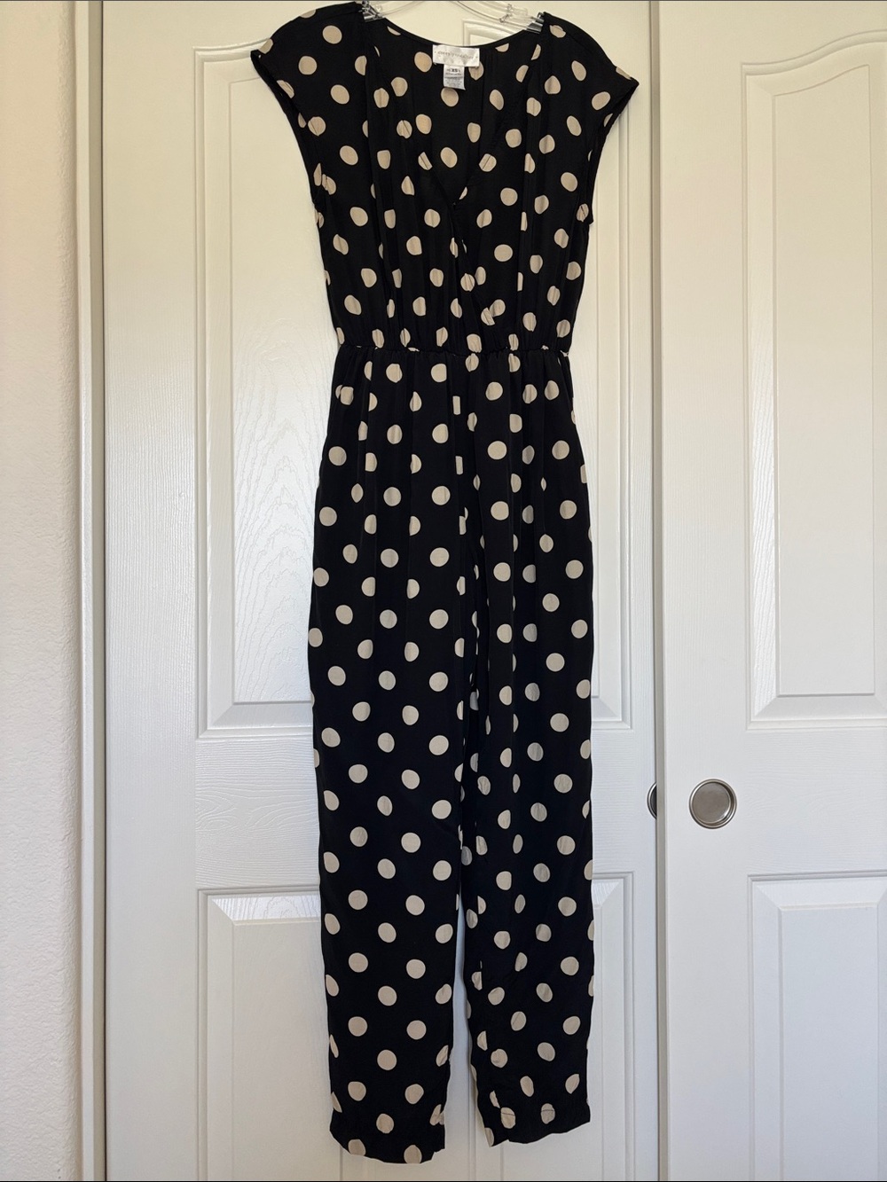 Corey Lynn Calter Black and Cream Polka Dot Cap-Sleeve Jumpsuit